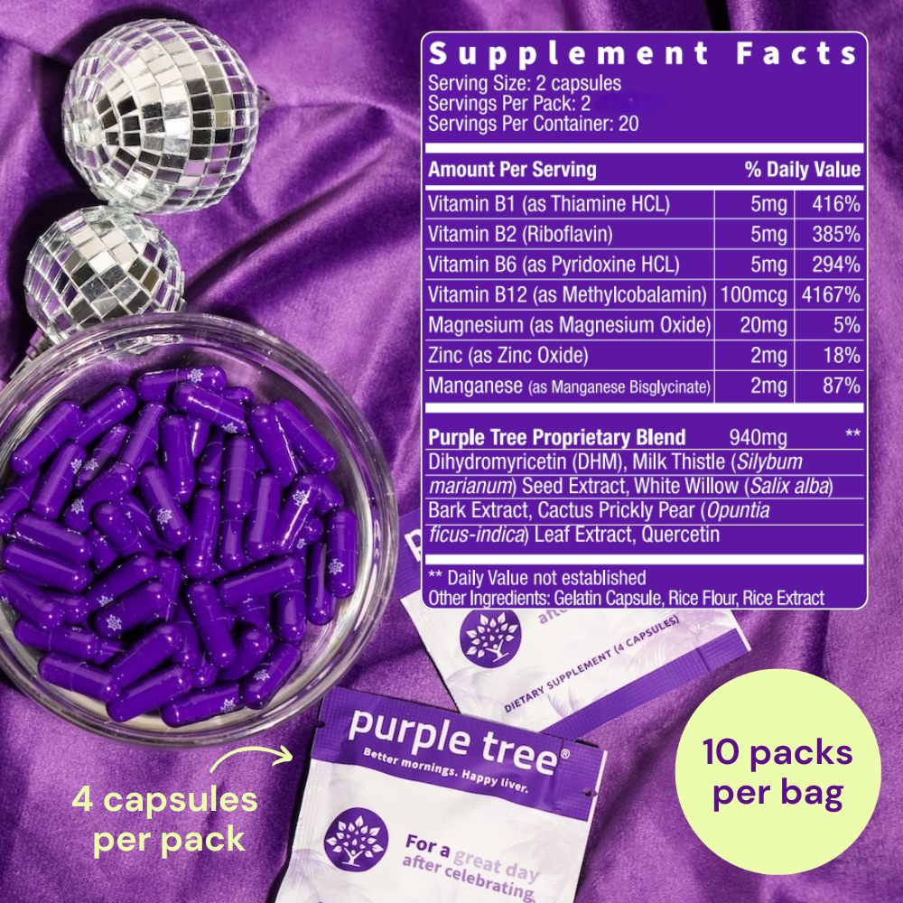 Purple Tree dietary supplement capsules in a clear bowl with a purple label showing Supplement Facts, alongside two sachets and text noting 4 capsules per pack and 10 packs per bag.