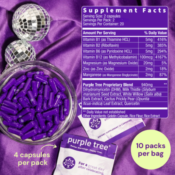 Purple Tree dietary supplement capsules in a clear bowl with a purple label showing Supplement Facts, alongside two sachets and text noting 4 capsules per pack and 10 packs per bag.