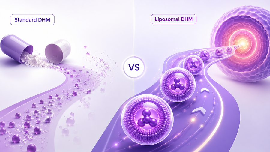 A promotional comparison graphic showing a purple pill capsule bursting on the left labeled 'Standard DHM' and a liposomal delivery system on the right labeled 'Liposomal DHM' with a central 'VS' badge.
