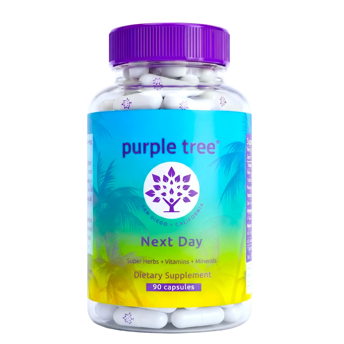 Supplement bottle labeled 'Purple Tree' on a white background