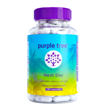 Supplement bottle labeled 'Purple Tree' on a white background