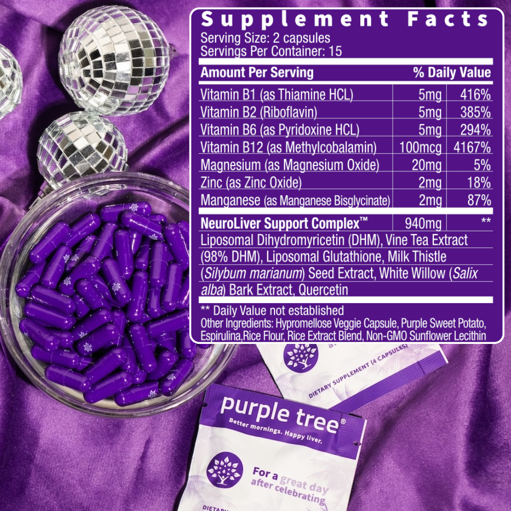 Purple tree supplement capsules in a clear bowl next to a purple supplement facts label and two branded packets on a purple fabric background.