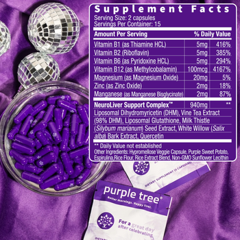 Purple tree supplement capsules in a clear bowl next to a purple supplement facts label and two branded packets on a purple fabric background.