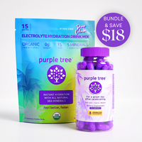 Purple Tree electrolyte hydration drink mix bundle showing a blue-to-green 15-pack pouch and a clear bottle filled with purple capsules, with a purple 'Bundle & Save $18' badge on a white background.