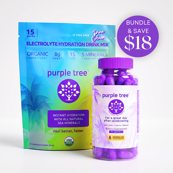 Purple Tree electrolyte hydration drink mix bundle showing a blue-to-green 15-pack pouch and a clear bottle filled with purple capsules, with a purple 'Bundle & Save $18' badge on a white background.