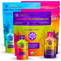 Purple Tree electrolyte hydration mix packages and bottles on a white background