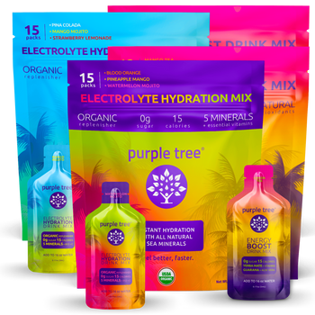 Purple Tree electrolyte hydration mix packages and bottles on a white background