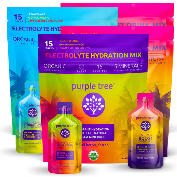 Purple Tree electrolyte hydration mix packages and bottles on a white background