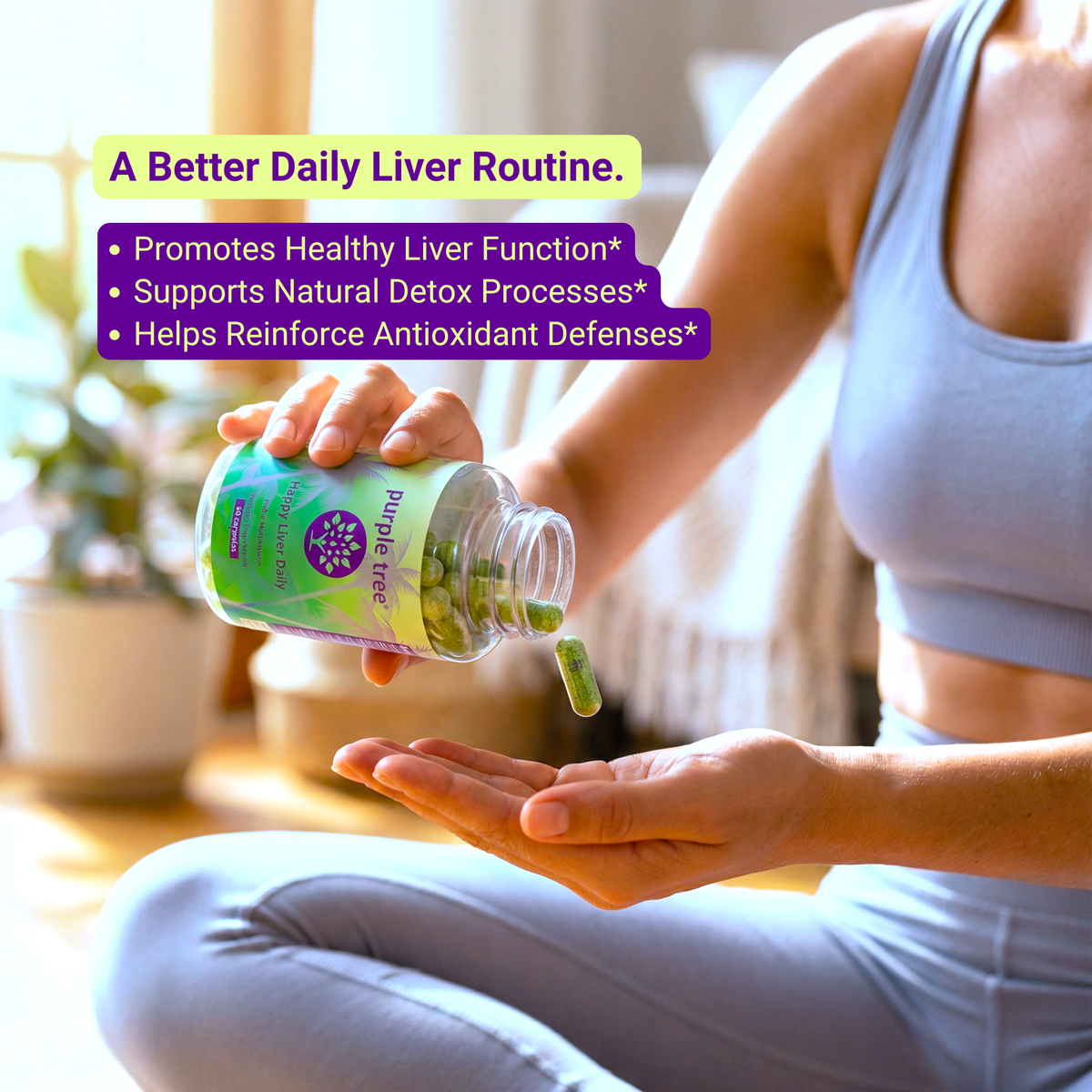 A woman in a light blue workout outfit sits in a bright room, pouring green capsules from a Purple Tree Liver supplement bottle into her hand. A text overlay highlights the benefits of a daily liver routine.