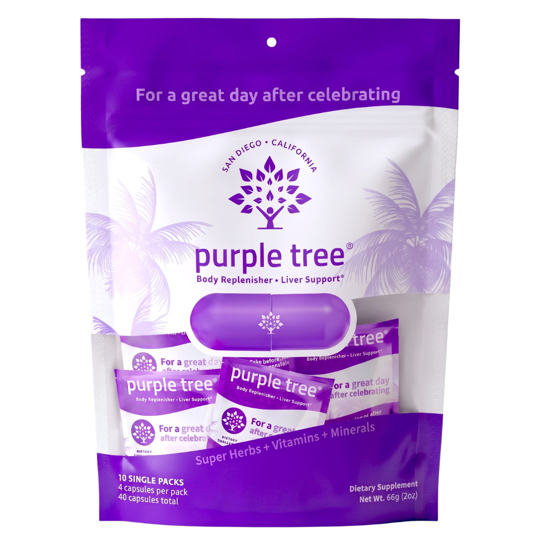 Purple Tree Body Replenisher and Liver Support dietary supplement in a 10-count resealable stand-up pouch. The packaging is white and purple with a tree logo and text reading 'For a great day after celebrating' and 'San Diego • California'.