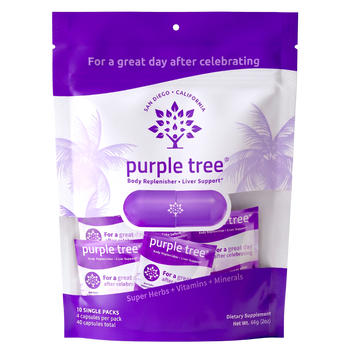 Purple Tree Body Replenisher and Liver Support dietary supplement in a 10-count resealable stand-up pouch. The packaging is white and purple with a tree logo and text reading 'For a great day after celebrating' and 'San Diego • California'.