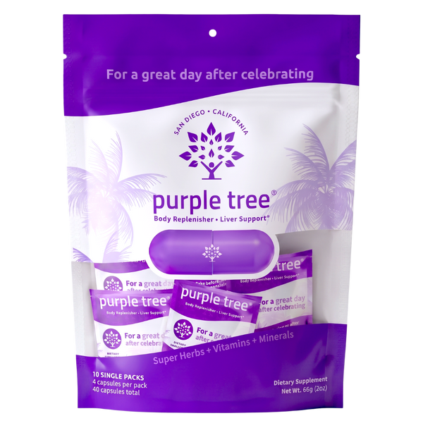 Purple Tree Body Replenisher and Liver Support dietary supplement in a 10-count resealable stand-up pouch. The packaging is white and purple with a tree logo and text reading 'For a great day after celebrating' and 'San Diego • California'.