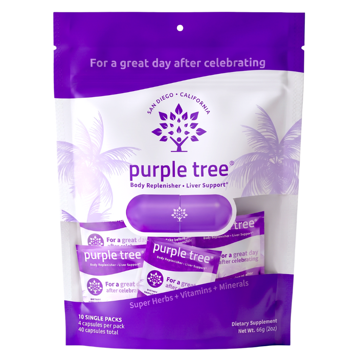 Purple Tree Body Replenisher and Liver Support dietary supplement in a 10-count resealable stand-up pouch. The packaging is white and purple with a tree logo and text reading 'For a great day after celebrating' and 'San Diego • California'.