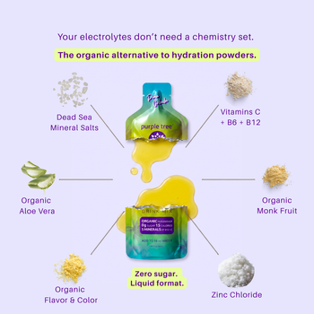 An infographic-style product graphic for a purple tree electrolyte liquid pouch on a pale lavender background. The central product is shown twice, with ingredient callouts around it: Dead Sea mineral salts, vitamins C + B6 + B12, organic aloe vera, organic monk fruit, zinc chloride, and organic flavor & color.