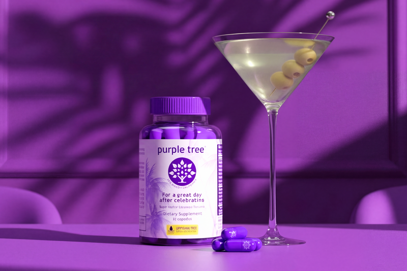 Purple Tree supplement bottle with a cocktail and olives on a purple background