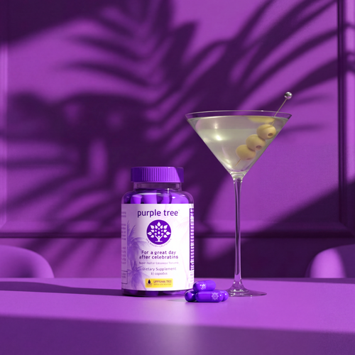 Purple Tree supplement bottle with a cocktail and olives on a purple background