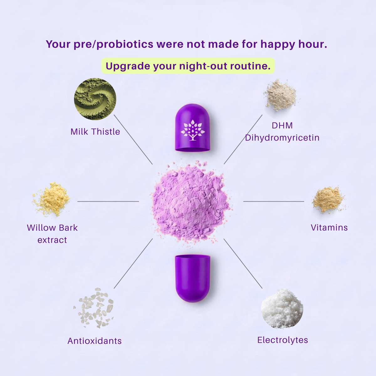 A purple pre-probiotic supplement capsule shown open with pink powder in the center, surrounded by labeled ingredient callouts including Milk Thistle, DHM Dihydromyricetin, Vitamins, Electrolytes, Antioxidants, and Willow Bark extract on a pale lavender background.