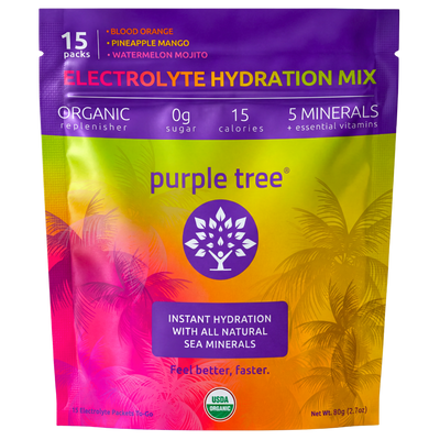 Purple Tree electrolyte hydration mix package with colorful design on a white background