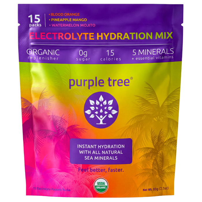 Purple Tree electrolyte hydration mix package with colorful design on a white background